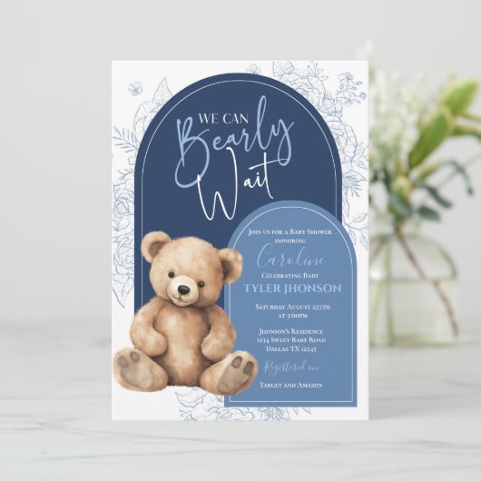 Teddy Bear Blue Minimal Baby Shower Modern 招待状 (スタンド正面)