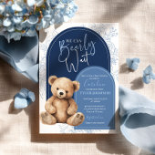 Teddy Bear Blue Minimal Baby Shower Modern 招待状