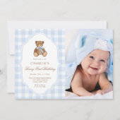 Teddy Bear Blue Minimalist Boy Birthday Photo 招待状 (正面)
