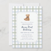 Teddy Bear Blue Sage Green First Birthday 招待状 (正面)
