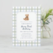 Teddy Bear Blue Sage Green First Birthday 招待状 (スタンド正面)