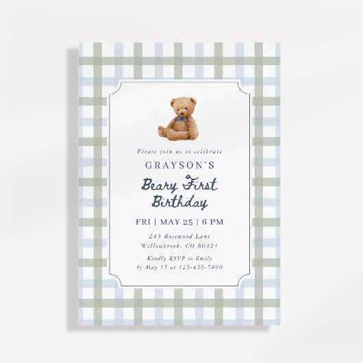 Teddy Bear Blue Sage Green First Birthday 招待状