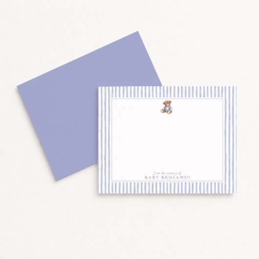 Teddy Bear Blue Stripe Preppy Nursery Note Card 招待状