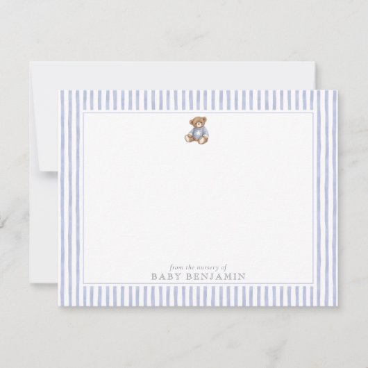 Teddy Bear Blue Stripe Preppy Nursery Note Card 招待状 (正面)