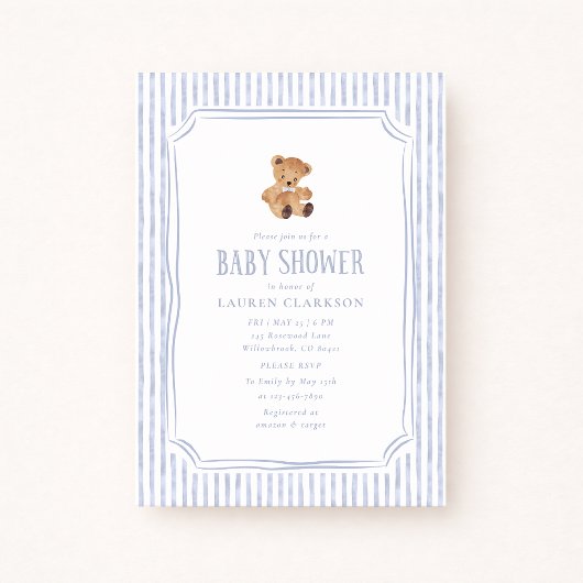 Teddy Bear Blue Stripes Baby Boy Baby Shower  案内状