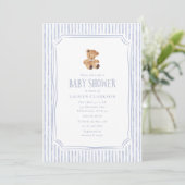 Teddy Bear Blue Stripes Baby Boy Baby Shower  案内状 (スタンド正面)