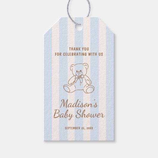 Teddy Bear Blue Stripes Baby Shower ギフトタグ (正面)