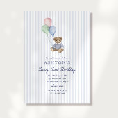 Teddy Bear Blue Stripes First Birthday Invitation  案内状