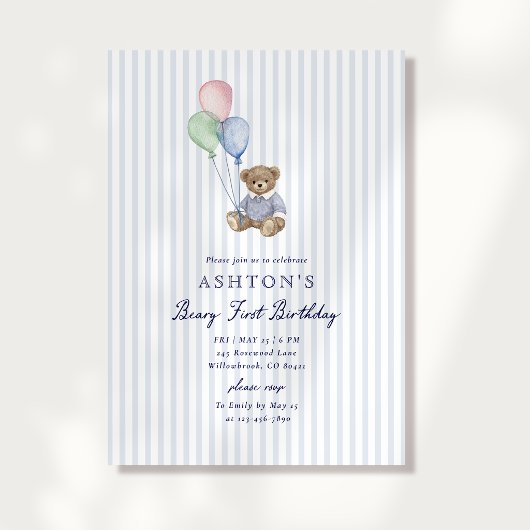 Teddy Bear Blue Stripes First Birthday Invitation  案内状