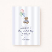 Teddy Bear Blue Stripes First Birthday Invitation  案内状