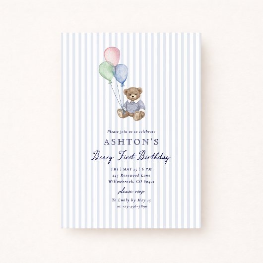 Teddy Bear Blue Stripes First Birthday Invitation  案内状