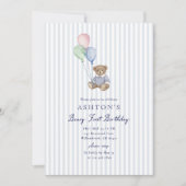 Teddy Bear Blue Stripes First Birthday Invitation  案内状 (正面)
