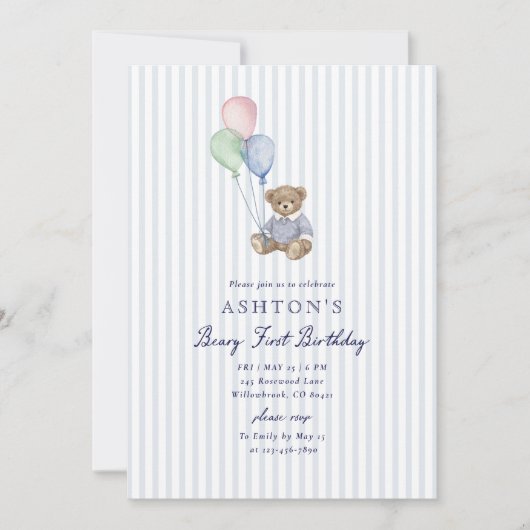 Teddy Bear Blue Stripes First Birthday Invitation  案内状 (正面)