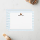 Teddy Bear Blue Stripes Personalized Stationery ノートカード (正面/裏面インサイチュ)