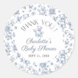 Teddy Bear Blue Toile Boy Baby Shower Thank You ラウンドシール