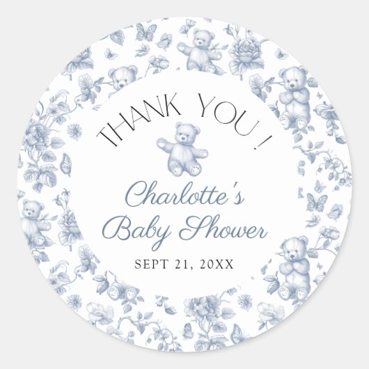 Teddy Bear Blue Toile Boy Baby Shower Thank You ラウンドシール (正面)