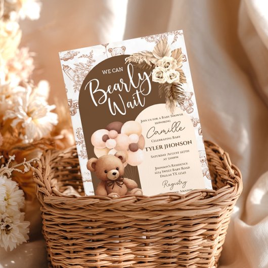 Teddy Bear Boho Pampass Toille Baby Shower 招待状