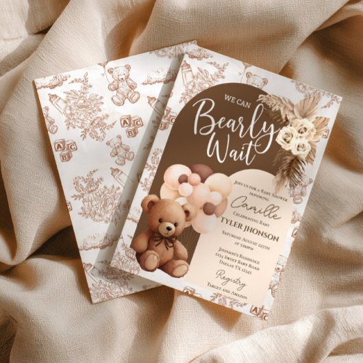 Teddy Bear Boho Pampass Toille Baby Shower 招待状