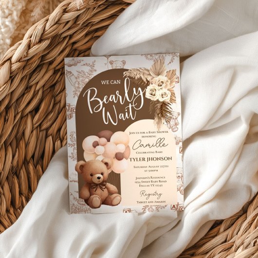 Teddy Bear Boho Pampass Toille Baby Shower 招待状