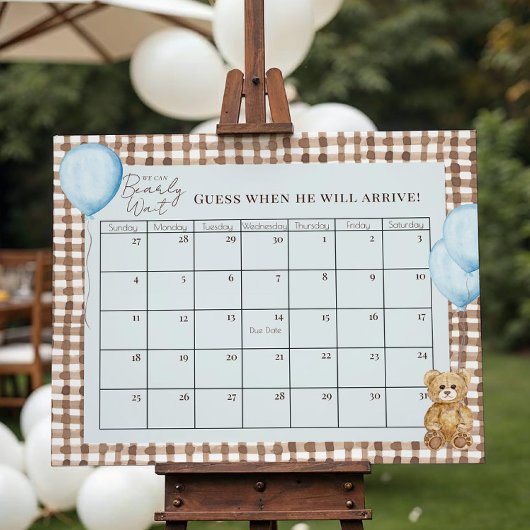 Teddy Bear Boy Baby Shower Blue Due Date Calendar ポスター