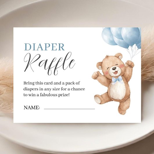 Teddy Bear Boy Baby Shower Diaper Raffle エンクロージャーカード