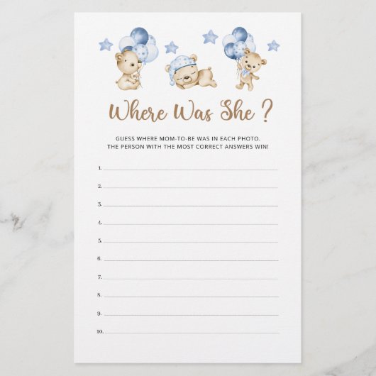 Teddy bear boy baby shower Where Was She (正面)