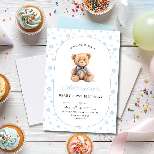 Teddy Bear Boy Birthday Invite, Beary 1st Birthday 招待状