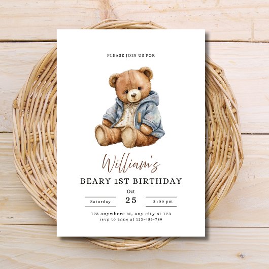 Teddy Bear Boy Birthday Party Beary 1st Birthday 招待状
