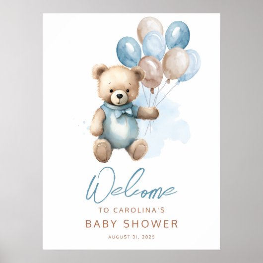 Teddy Bear Boy Blue Baby Showerウェルカムサイン ポスター (正面)