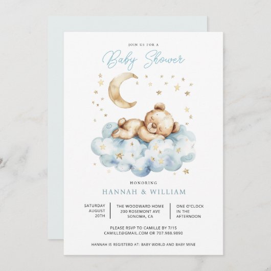 Teddy Bear Boy Blue Baby Shower  招待状 (正面/裏面)
