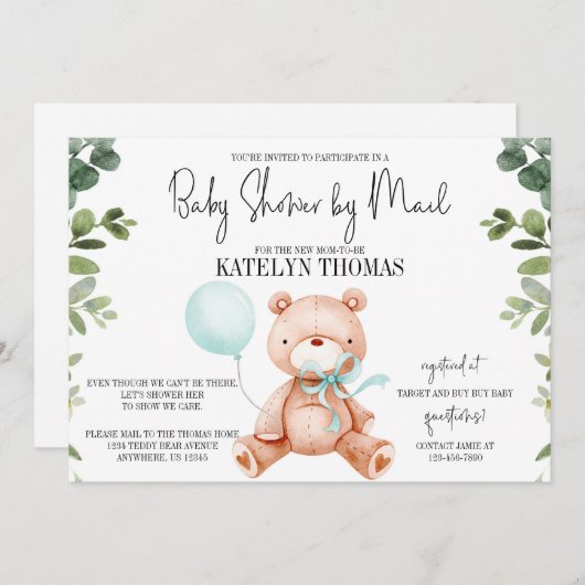Teddy Bear Boy Greenery Baby Shower by Mail 招待状 (正面/裏面)
