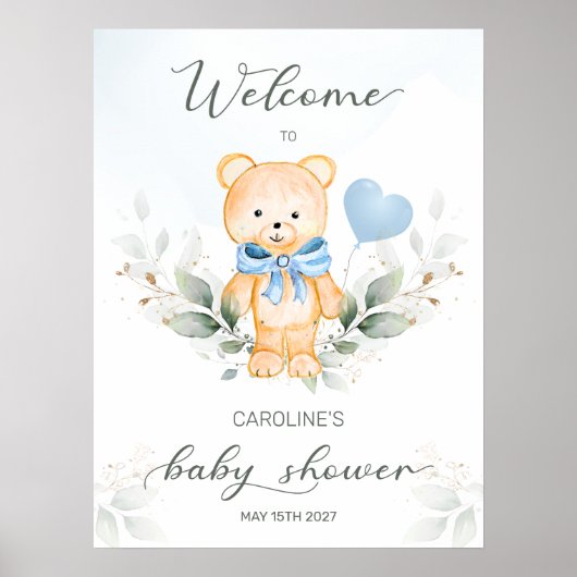 Teddy Bear Boy Welcome Baby Shower Poster ポスター (正面)
