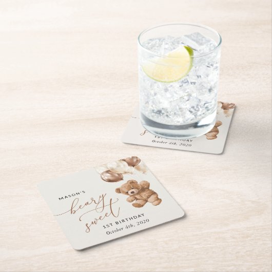 Teddy Bear, Brown Balloons, First Birthday スクエアペーパーコースター (インサイチュ)
