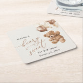 Teddy Bear, Brown Balloons, First Birthday スクエアペーパーコースター (アングル)