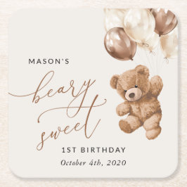 Teddy Bear, Brown Balloons, First Birthday スクエアペーパーコースター