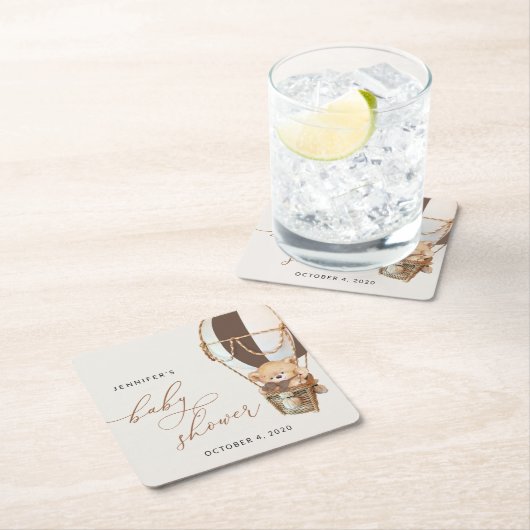 Teddy Bear, Brown Hot Air Balloon, Baby Shower スクエアペーパーコースター (インサイチュ)