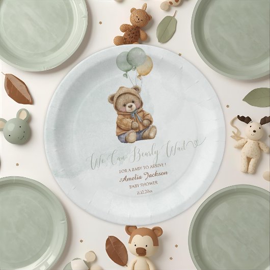Teddy Bear Brown Sage Green Balloons Baby ペーパープレート