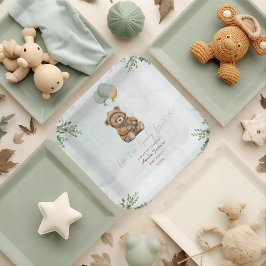 Teddy Bear Brown Sage Green Balloons Baby ペーパープレート
