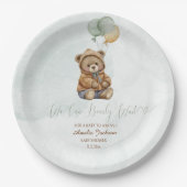 Teddy Bear Brown Sage Green Balloons Baby ペーパープレート (正面)