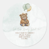 Teddy Bear Brown Sage Green Balloons Baby ラウンドシール (正面)