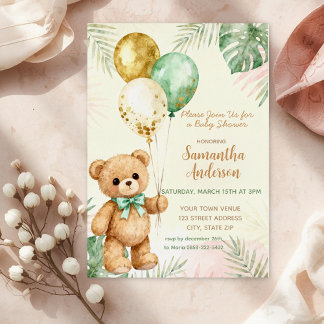 Teddy Bear Brown Sage Green Balloons Baby Shower 箔招待状
