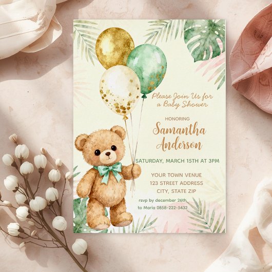 Teddy Bear Brown Sage Green Balloons Baby Shower 箔招待状