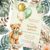 Teddy Bear Brown Sage Green Balloons Baby Shower 箔招待状
