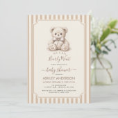 Teddy Bear & Brown Stripes Baby Shower Bearly Wait 招待状 (スタンド正面)