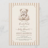 Teddy Bear & Brown Stripes Baby Shower Bearly Wait 招待状 (正面)