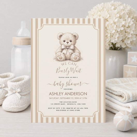 Teddy Bear & Brown Stripes Baby Shower Bearly Wait 招待状