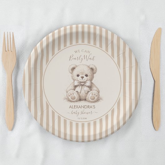 Teddy Bear & Brown Stripes Bearly Wait Baby Shower ペーパープレート