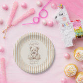 Teddy Bear & Brown Stripes Bearly Wait Baby Shower ペーパープレート (パーティー)