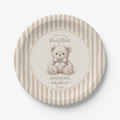 Teddy Bear & Brown Stripes Bearly Wait Baby Shower ペーパープレート (正面)