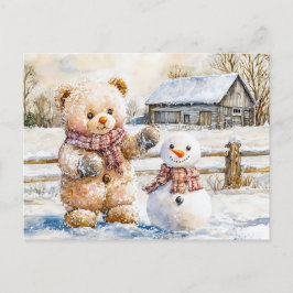 Teddy Bear Building a Snowman ポストカード